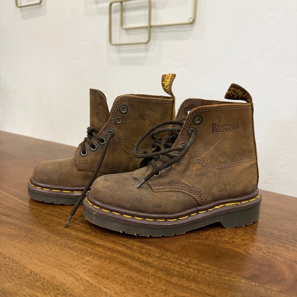 Dr. Martens Brown Leather Lace-Up Ankle Boots with Yellow Stitching